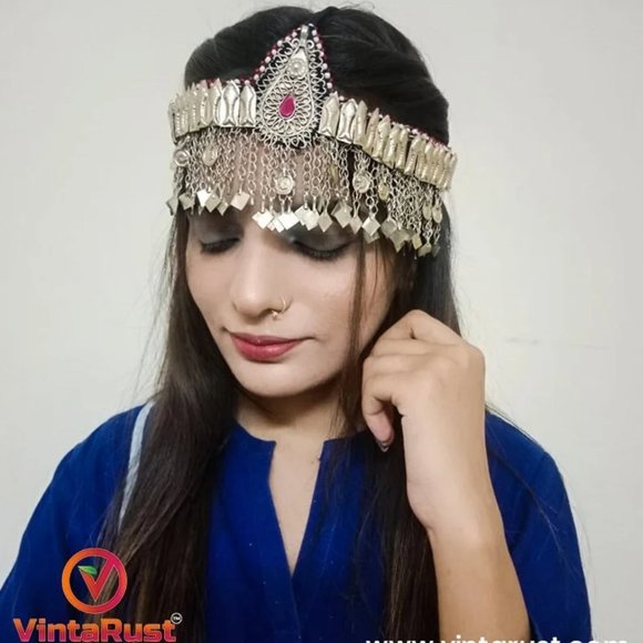 Afghan Ethnic Headpiece With Pink Glass Teardrop Centre, Turkmen Matha Patti